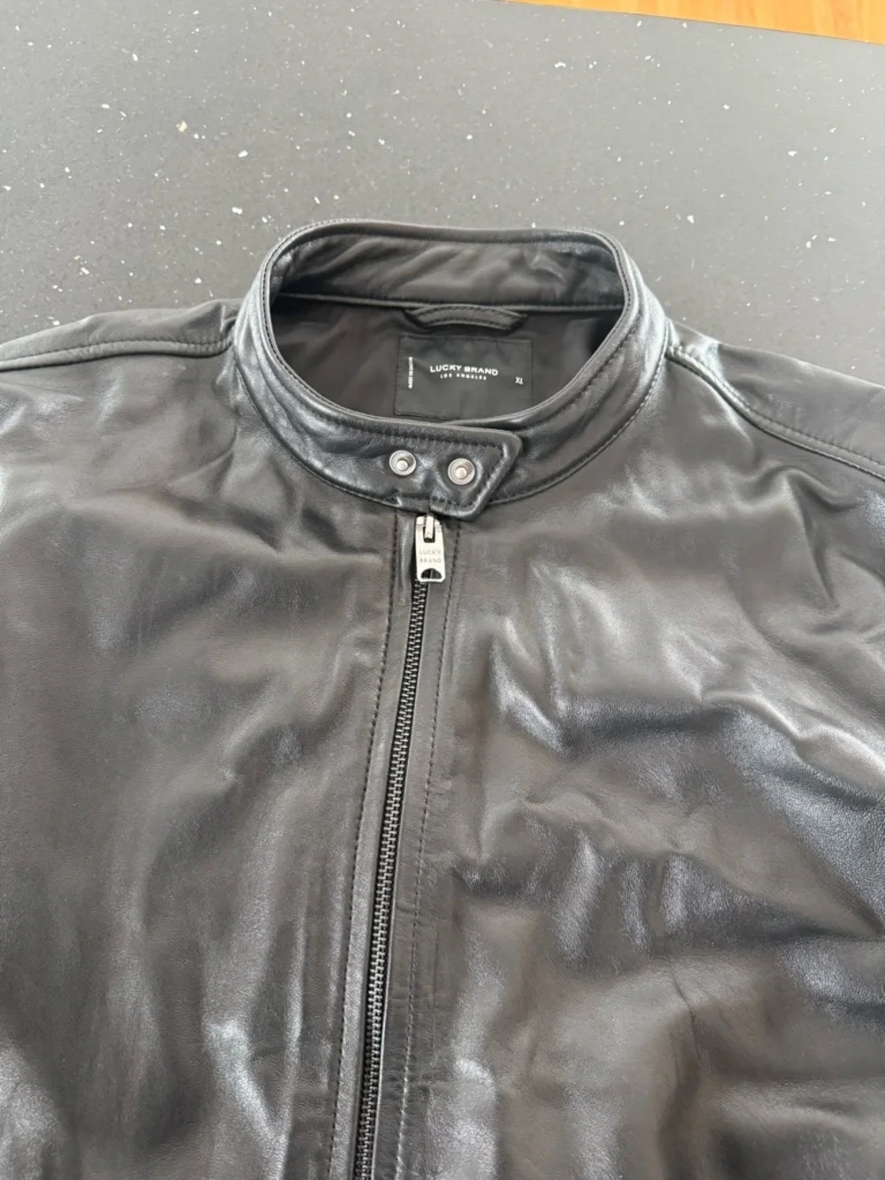 Men's Black Leather Bomber Jacket with Stand Collar *Flawed